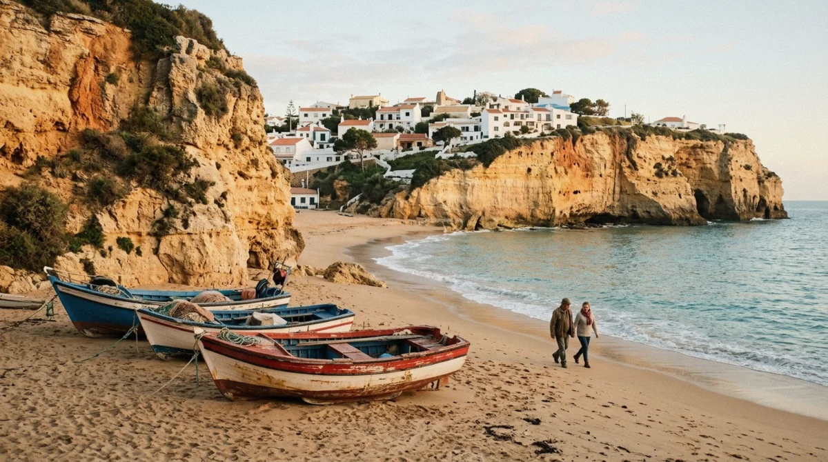Praia de Benagil cove with fishing boats and ochre cliffs, the starting point for a Benagil sea cave tour in the Algarve, Portugal